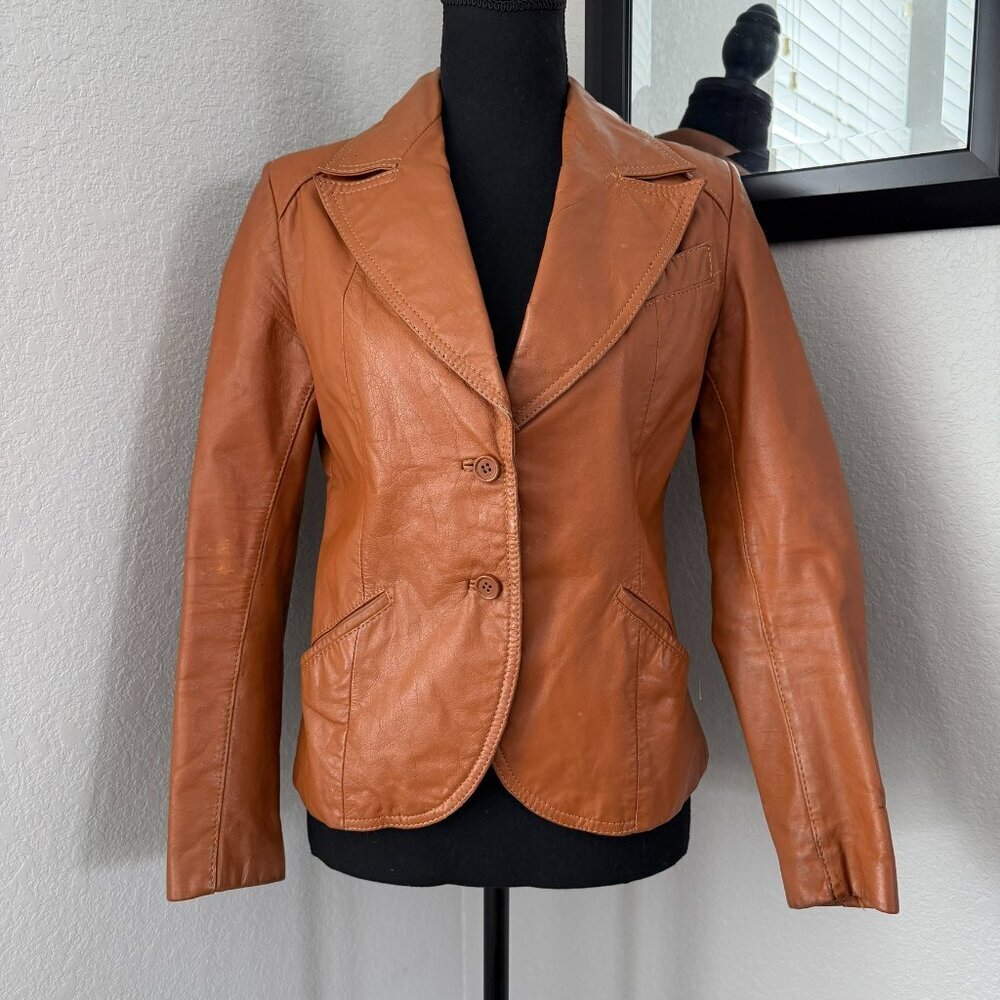 VINTAGE 70s Casual Corner Cognac Brown Leather Jacket XS/S - Picture 3 of 16